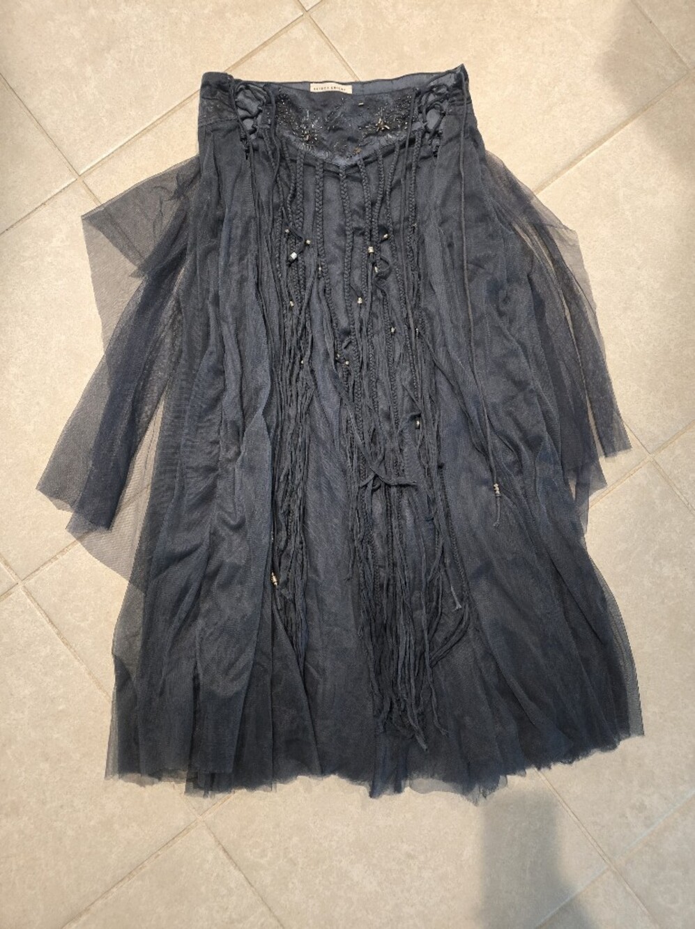 Free People Navy Blue Layered Tulle Maxi Dress with Beaded Fringe